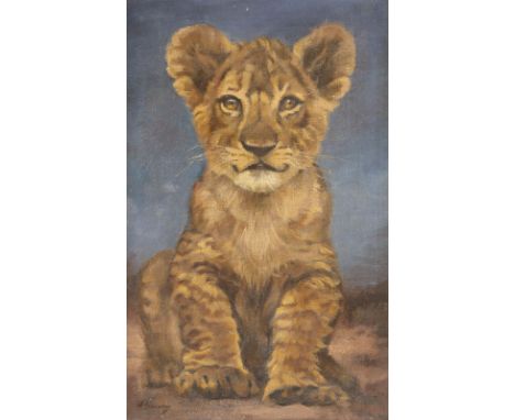 GERMAN Active 20th century Young lion Oil on canvas. 45,5 x 31 cm (F. 58 x 42 cm). Signed indistinctly lower left. Part. abra
