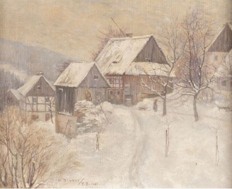 HERMANN DISCHLER (ATTR.) 1866 - 1935 Snow-covered farmhouses (1901) Oil on canvas (relined). 25 x 30 cm (F. 40 x 45 cm). Sign