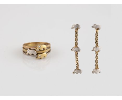 SCHMUCK-SET MIT BRILLANTBESATZ 2-tlg. Gelbgold, Weißgold, Rotgold. Alle Stücke geprüft 18 K, Ges.-Gew. zusammen ca. 12,2 g. 1