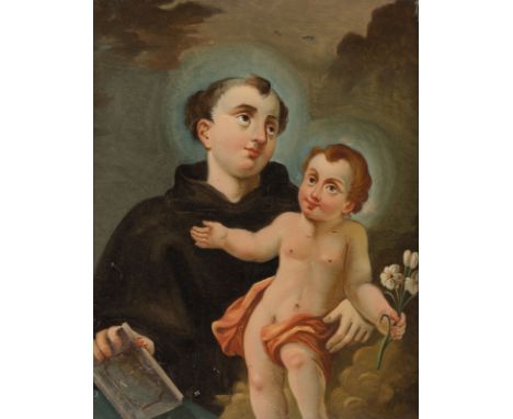 HINTERGLASBILD 'HEILIGER ANTONIUS VON PADUA MIT CHRISTUSKIND' 19. Jh. Polychrome Hinterglasmalerei, ebonisierter, part. vergo