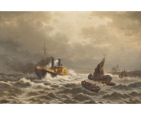 SCHMITZ (?) active 2nd half of 19th C. in Duesseldorf Ship and boats on stormy sea Oil on canvas. 32 x 47 cm (R. 55 x 71 cm).