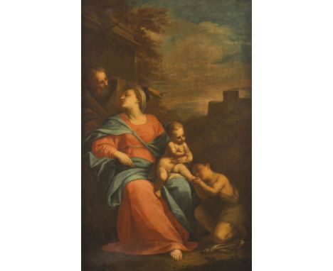 ITALIAN SCHOOL OF THE 17TH CENTURY MONUMENTAL COMPOSITION OF THE HOLY FAMILY WITH JOHN THE BAPTIST Oil on canvas (old relined