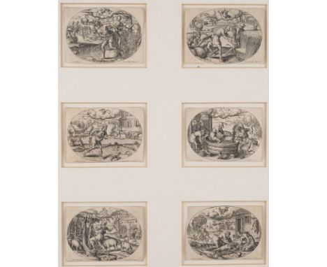ZWÖLF MONATSDARSTELLUNGEN Frankreich, 16. Jh. Kupferstiche auf Papier. BM 5,5 x 7,5 cm (R. 51 x 37,5 cm). Teilw. in der Platt