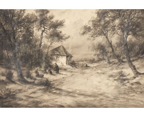 AUGUST SCHLUETER 1858 Muenster - 1928 Duesseldorf PATH IN THE FOREST WITH CHAPEL AND FIGURES (1906) Ink brush on paper. Visib
