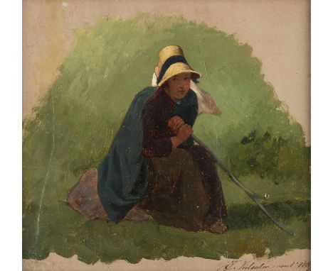 EDMOND JEAN BAPTISTE TSCHAGGENY 1818 - 1873 Shepherd girl (1864) Oil on paper on cardboard. Visible size 17,3 x 19,7 cm (F. 2