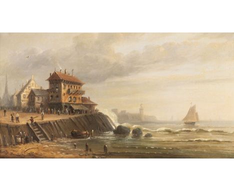 LOUIS PAUL PIERRE DUMONT 1822 - ? Pair of paintings: Coastal scenes with buildings, boats and staffage (1878) Each oil on can