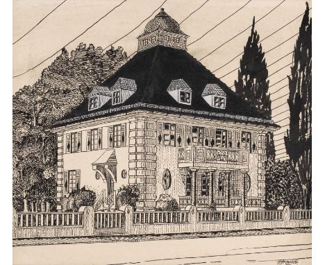 W. BRANDT Active around 1900 PROSPECT OF A VILLA Ink, partly high-lighted with white, on thin cardboard. Visible size 33 x 38
