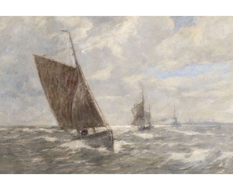 ANDREAS DIRKS 1866 Sylt - 1922 Duesseldorf Sailing boats in front of a coast Oil on canvas. 46,5 x 69 cm (F. 58 x 80 cm). Sig