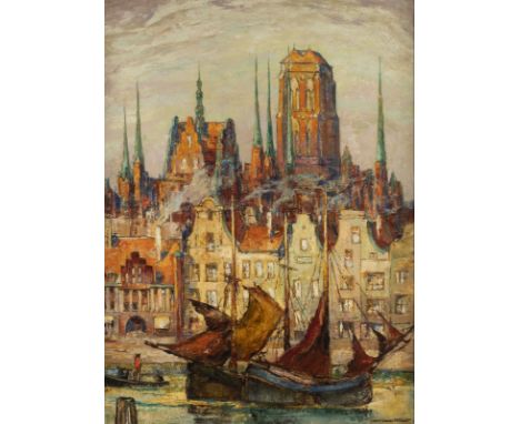 GERHARD GRAF 1883 Berlin - 1958 Stockholm View of Gdansk with the harbour and St Mary's Church Oil on canvas. 81 x 61 cm (F. 