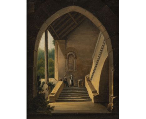 JOHANN DOMINICUS QUAGLIO (FOLLOWER) Active mid 19th c. Staircase of a Gothic ruin Oil on canvas. 27,5 x 22 cm (F. 41 x 35 cm)