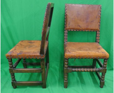 Set of 6 antique oak &amp; leather bobbin turned dining chairs