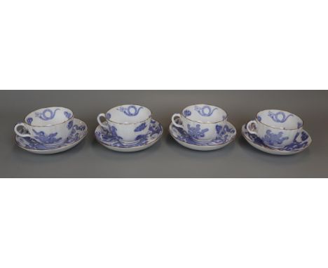 Royal Worcester - Set of 4 blue &amp; white cup &amp; saucers - Dragon pattern