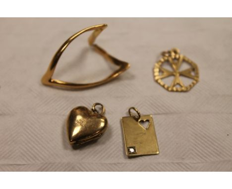 A 9ct gold card charm together with a yellow metal wishbone ring, a 9ct gold heart locket and a 9ct gold cross pendant. (4) C