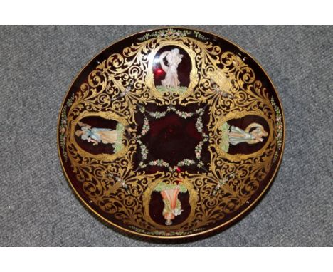 A bohemian ruby glass comport with enamel decoration, diameter 26 cm.