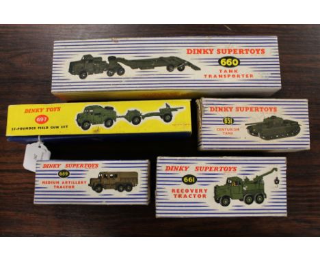 A Dinky Toys 25-Pounder Field Gun Set 697, together with Dinky Centurian Tank 651, Recovery Tractor 661, Tank Transporter 660