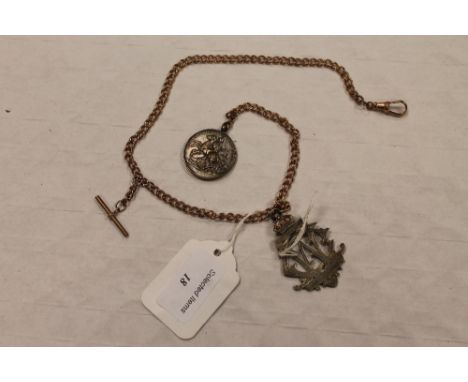 A 9ct gold chain with bar with Royal Army Temperance medal and a silver fob. CONDITION REPORT: Good condition, some time aged