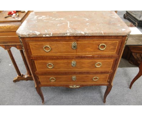 An early twentieth century inlaid walnut marble topped three drawer commode, width 67 cm.