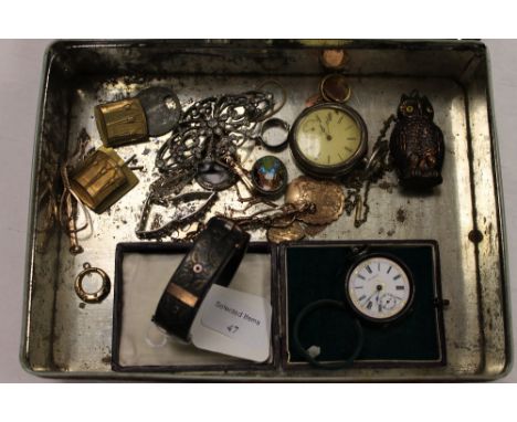 A silver 'belt' bangle, together with a continental fob watch, an owl tap measure, paste brooch and other interesting collect