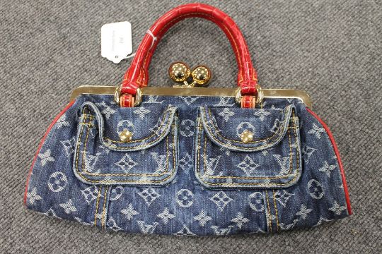 louis vuitton denim bag with red strap