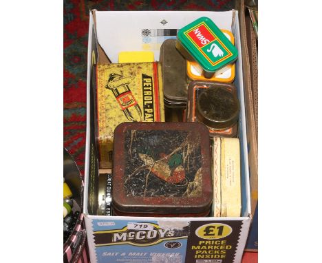 A box of vintage advertising tins for Typhoo tea, petrol -pak lighter fluid and tobacco etc.