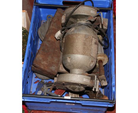 A box lot of old tools to include a Delco bench grinder, socket set, pulley blocks, car jack table top vices.