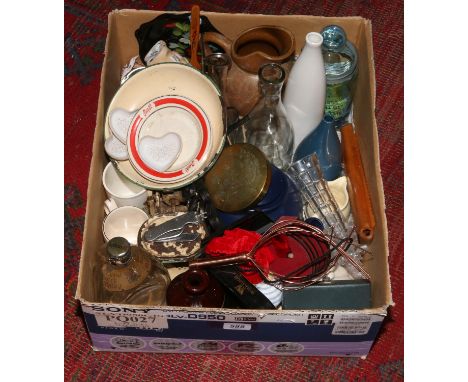 A box of miscellaneous including cast iron weighing scales, Wade, Dimple Whisky bottle, vases, ornaments, pocket knives etc.