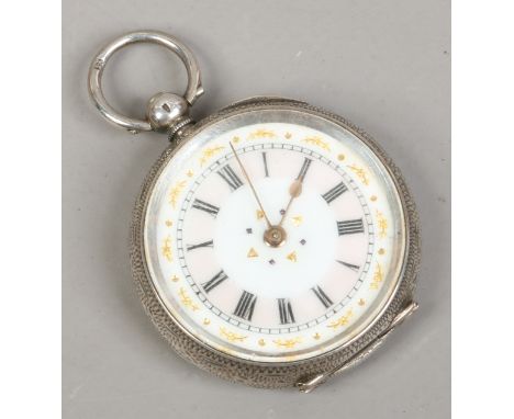 A continental silver cased fob watch with enamel dial. Condition Report. To be used as a guide only. Running.