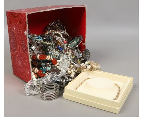 A box of modern costume jewellery including a cased Monet necklet.