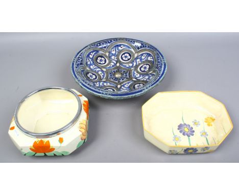 A Susie Cooper floral decorated dish, Royal Venton ware bowl and a blue and white pewter adorned bowl.