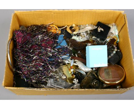 A box of mostly costume jewellery to include brooches, beads, watch heads etc.