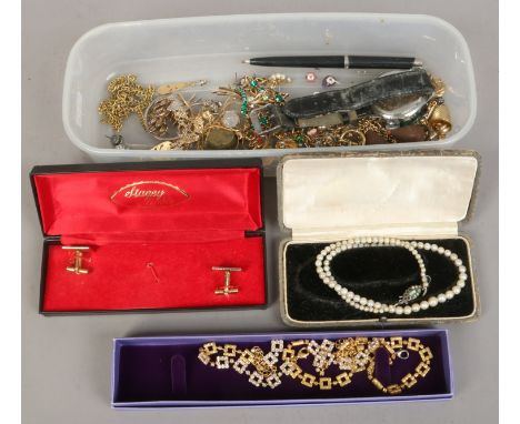 A box of costume jewellery including a gents dress watch, cufflinks and coloured paste spray brooch etc.