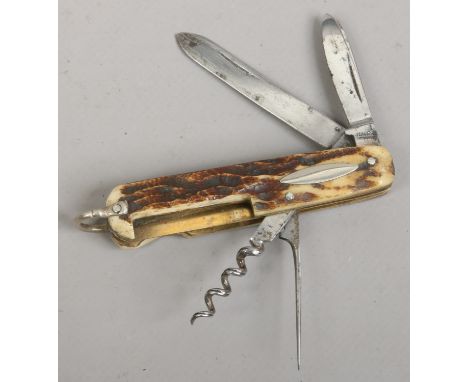 A multi tool folding pocket knife with antler scales, Wragg of Sheffield.