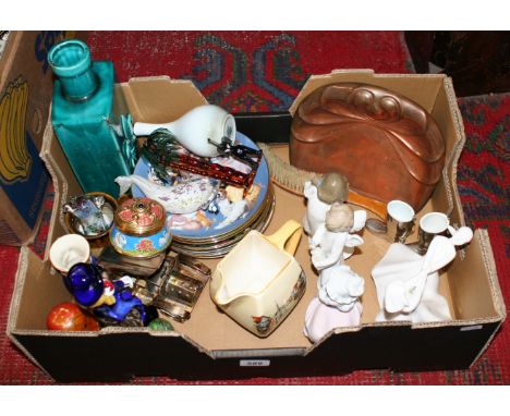 A box of miscellaneous including Nao, Murano glass clown, bone china teawares, collectors plates, Victorian crumb scoop etc.