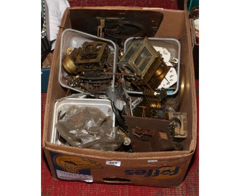 A box of clock movements and spare parts.