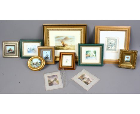 A box of small and miniature pictures and prints including a gilt framed seascape, signed R. Cavella.