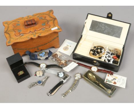 A painted World War II prisoner of war box and a collection of wristwatches and costume jewellery etc.