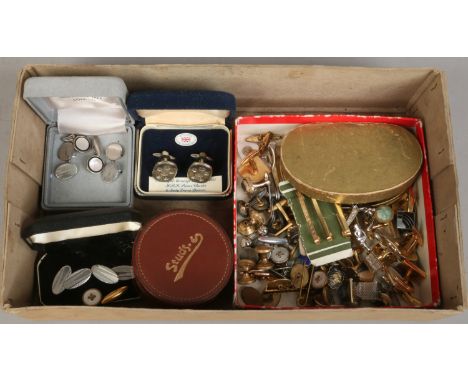 A box of miscellaneous gentlemans cufflinks and tie pins including vintage examples.