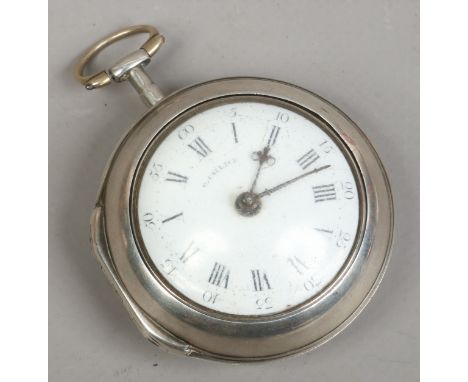 A George III silver pair cased fusee pocket watch with verge escapement, Wright of Chesterfield with enamel dial signed G. Ca