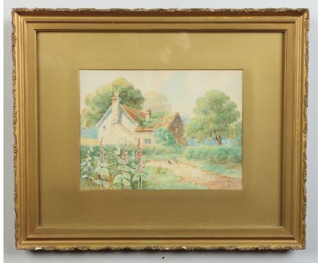 J. S. Elliot, Victorian school gilt framed watercolour. Cottage with hollyhocks in the foreground. Signed, 19.5cm x 26.5cm.  