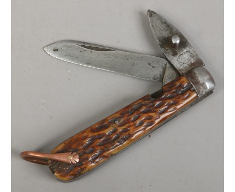 A two blade folding pruning knife with stag antler scales E. C. Simmons St Louis USA.