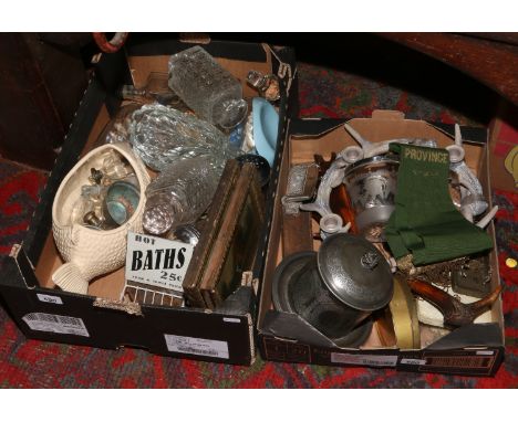 Two boxes of miscellaneous to include 4 ships in bottle, glassware, a P.G.C.H Rotherham & District provenance sash etc.