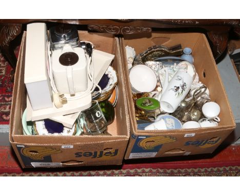 Two boxes of miscellaneous to include Wedgwood, Hornsea, oil lamp, glasswares etc along with a Goblin teasmade.
