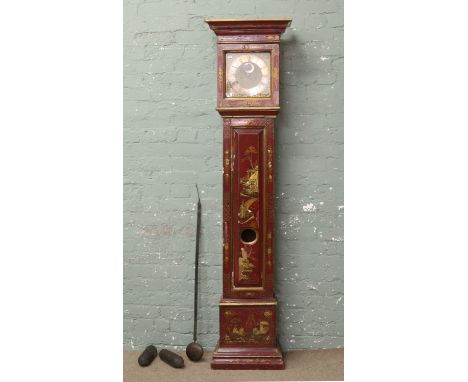 A George III eight day longcase clock with brass dial, subsidiary second finger housed within an oak red chinoiserie case, a 