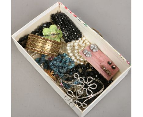 A box of costume jewellery including French jet beads and simulated pearls etc.