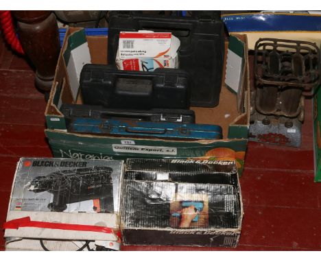 A box lot of old tools to include socket sets, Black and Decker sander, electric Quatro drill etc and vintage Beatrice stove.