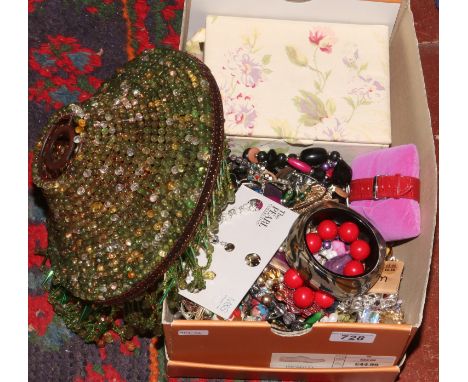 A box of costume jewellery to include watches, beads, necklaces etc and a beaded lamp shade.