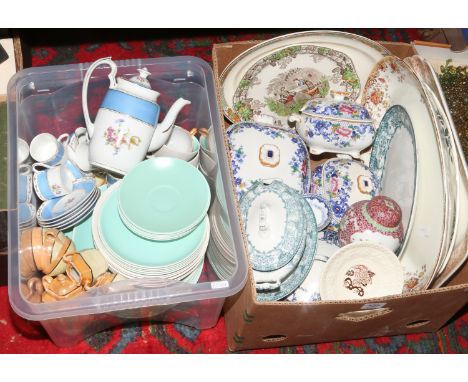 Two boxes of mixed ceramics including late 19th early 20th century pottery dinnerwares, bone china coffee set, Poole, Royal W