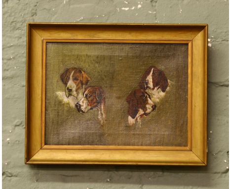 Manner of Cecil Aldin a gilt framed oil on canvas sketch for a major work, two pairs of portraits of hounds.