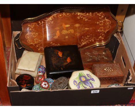 A box of miscellaneous to include inlaid wooden tray, trinket boxes, glass paperweights etc.