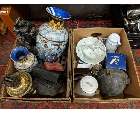 Two boxes of miscellaneous to include Doulton Lambeth vases (restored) enamelware, Spelter figure, oil lamp base etc.